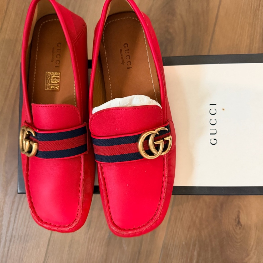 Gucci Red Leather Loafers with Navy Web Stripe and Gold Double G